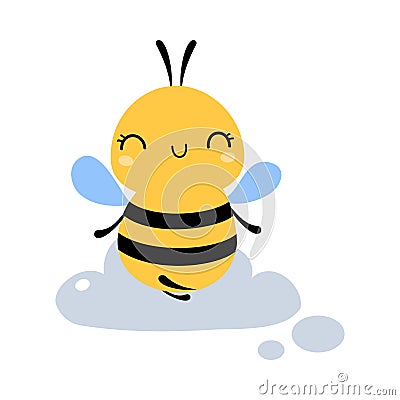 Cute Honey Bee Meditating on Cloud, Lovely Flying Insect Character Cartoon Vector Illustration Vector Illustration