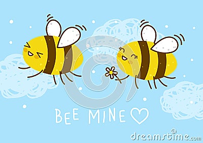 Cute honey bees on blue sky Vector Illustration