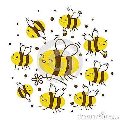 Cute honey bees isolated on white Vector Illustration