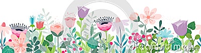 Cute horizontal banner with colourful hand drawn blooming flowers. Vector Illustration