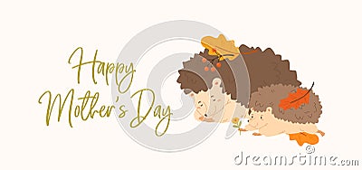 Cute horizontal greeting card for Mothers day with a family of animals. Postcard design with funny mother and cub Vector Illustration