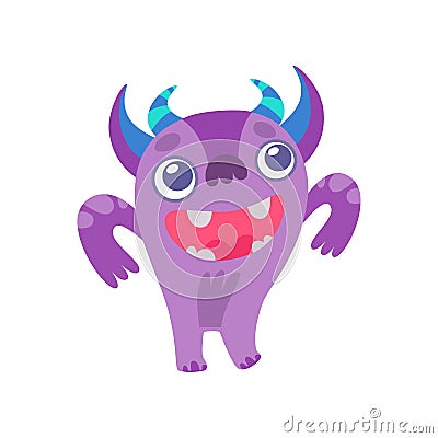 Cute Horned Monster, Funny Purple Alien Cartoon Character Vector Illustration Vector Illustration