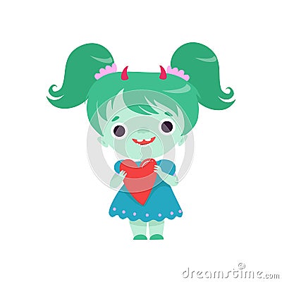 Cute Horned Troll Girl, Lovely Smiling Fantasy Creature Character with Green Hair Vector Illustration Vector Illustration