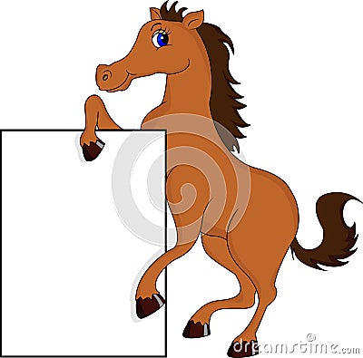Cute horse cartoon with blank sign Vector Illustration