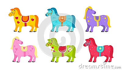 Cute horses. Cartoon bright color ponies with decor elements and different saddles, little funny equines in different Vector Illustration