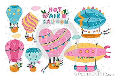 Cute hot air balloon. Patterned pretty design of flying vehicles with garlands. Different baskets and flowers. Funny Vector Illustration