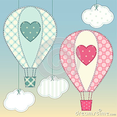 Cute hot air balloons as retro fabric applique in shabby chic style Vector Illustration