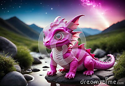 Cute hot pink baby dragon created with Generative AI Stock Photo