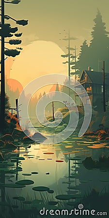 Cute House In Pond: A Sublime Wilderness Drawing In Sparth Style Cartoon Illustration