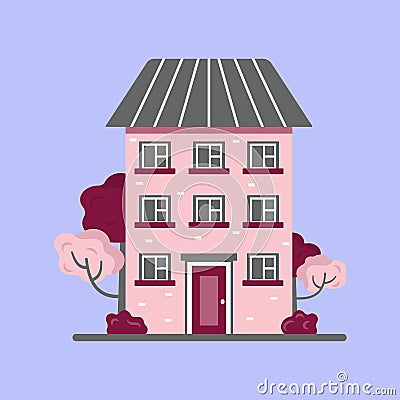 Cute house with trees and bushes. Sweet home vector2 Cartoon Illustration