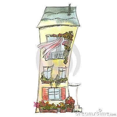 Cute house, watercolor sketch style with graphic elements, cartoon. Illustration of an isolated object from a large set Stock Photo