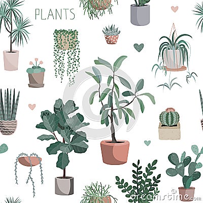 Cute houseplants background. House indoor plant vector cartoon doodle seamless pattern. Potted flowers Stock Photo