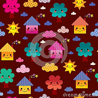 Cute houses and trees kids seamless pattern Vector Illustration