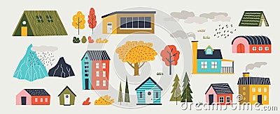 Cute houses. Trendy rural hand drawn landscape with buildings trees mountains and clouds. Vector paper cut flat design Vector Illustration