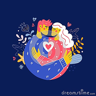 Cute hugging couple in love valentine day Vector Illustration