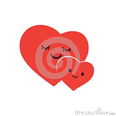 Cute Hugging Heart Shaped Lover Couple - Minimalist Red Valentine's Hearts with Smiling Faces - Togetherness, Bond Concept Vector Illustration