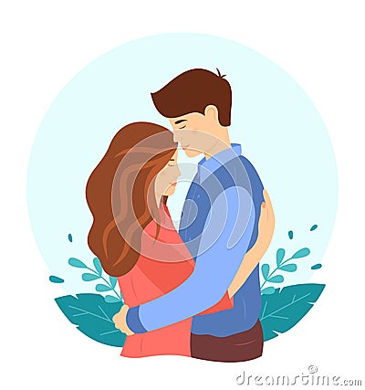 Cute hugs and support concept. A happy young couple. Man and woman hugging each other, expressing care and support. Cute Vector Illustration