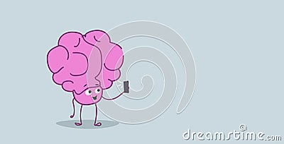 Cute human brain taking selfie photo pink cartoon character using smartphone camera kawaii sketch style horizontal Vector Illustration