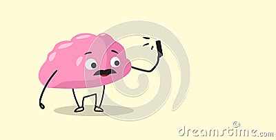 Cute human brain taking selfie photo pink cartoon character using smartphone camera kawaii style horizontal Vector Illustration