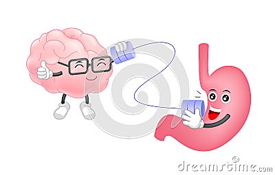 Cute human stomach talk to brain characters by can telephone. Vector Illustration