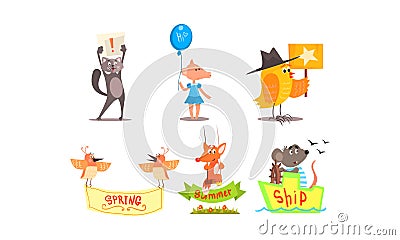 Cute humanized animals set, funny animals holding different signs vector Illustration Vector Illustration