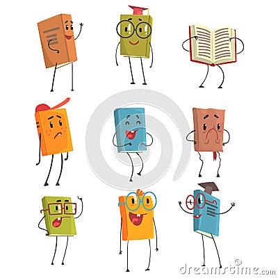 Cute Humanized Book Emoji Characters Representing Different Types Of Literature, Kids And School Books Vector Illustration