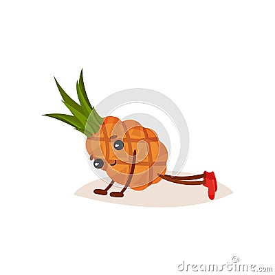 Cute humanized pineapple doing push ups. Cartoon character of tropical fruit. Sport and active lifestyle. Flat vector Vector Illustration