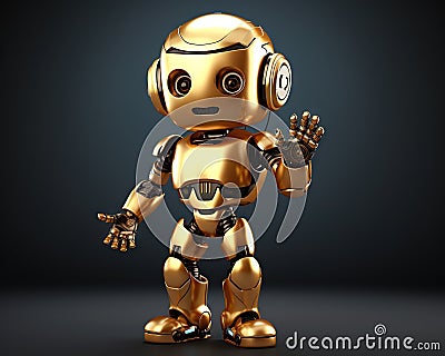 Cute humanoid robot full body over dark background waving hello. Cartoon Illustration