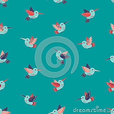 Cute hummingbirds seamless vector pattern on teal background. Flying birds, hummingbirds, colibri on turquoise backdrop. Vector Illustration