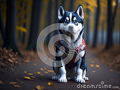 Cute husky puppy wearing superhero costume autumn forest on background. Halloween costume. Dog vacation relax concept. Generative Stock Photo