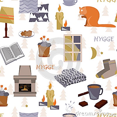 Cute hygge seamless pattern. Cosy home Cartoon Illustration