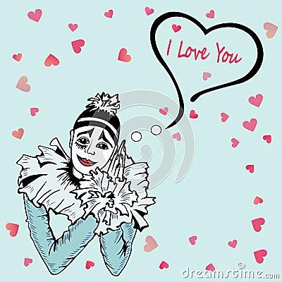 Cute I Love You Card with hand drawn Pierrot isolated on blue background. Vector Illustration