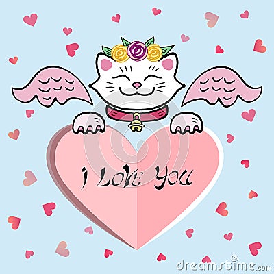 Cute I Love You Card with white Cat, pink wings, sweet heart. Vector Illustration