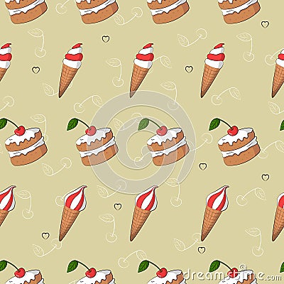 Cute ice cream and cake with cherry vector seamless pattern. Summer collection. Vector Illustration