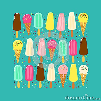 Cute Ice Cream collection background in vivid tasty colors ideal for banners, package etc Vector Illustration