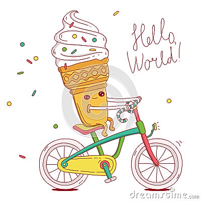 Cute ice-cream cone rides a bicycl Vector Illustration