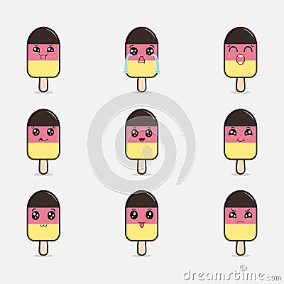 Cute Ice cream three color vector cartoon doodles emoticon Vector Illustration