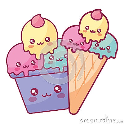 Cute ice creams kawaii characters Vector Illustration