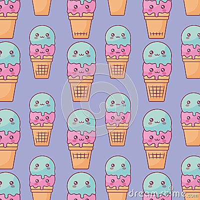 Cute ice creams kawaii characters pattern Vector Illustration