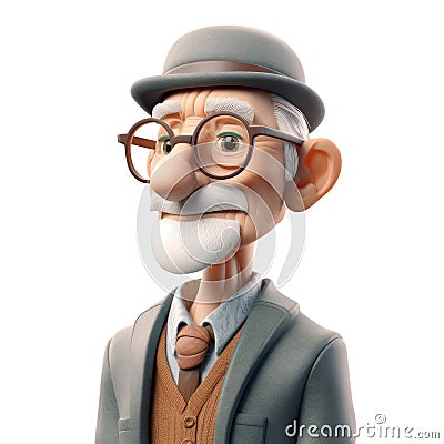 cute icon 3D old man avatar, elderly pensioner, senior grandfather portrait, happy retired cartoon face. Adult grandpa person, Stock Photo