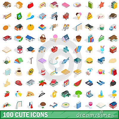 100 cute icons set, isometric 3d style Vector Illustration