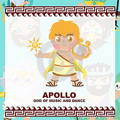 Cute illustration of Apollo God of music and dance. Greek God and Goddess flashcard collection. Vector Illustration