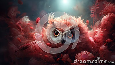 Cute baby owl in the forest with unruly fluffy feathers and adorable big eyes - generative AI Cartoon Illustration