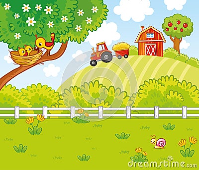 Cute illustration in cartoon style with a farm and tractor. Birds are sitting in a nest on a tree Cartoon Illustration