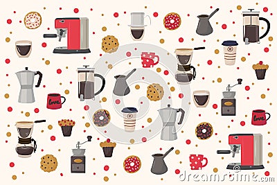 Cute illustration of coffee drinks with desserts. Hand-drawn pattern for kitchen or restaurant textiles. Hand-drawn flat Vector Illustration