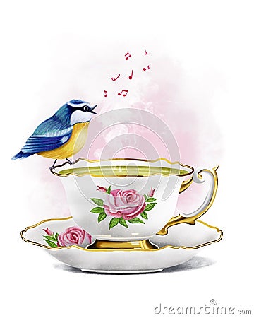 Cute illustration of an elegant vintage teacup with a small bird Cartoon Illustration