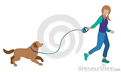 Cute illustration with faceless girl jogging and walking a dog Vector Illustration