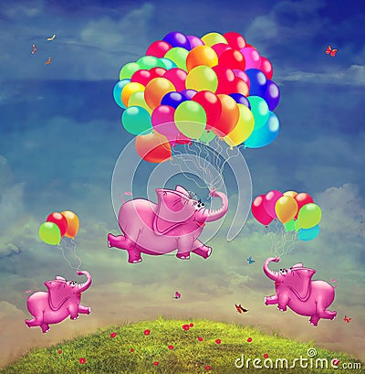 Cute illustration of flying elephants with balloons Cartoon Illustration