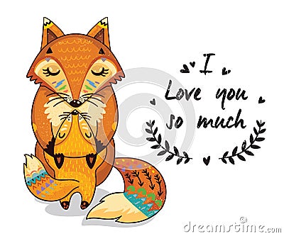 Cute illustration foxes with text I love you so much Vector Illustration