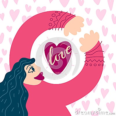 Cute illustration girl hugs heart. Congratulation Valentine`s Day, design concept Vector Illustration